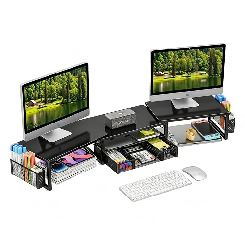 Simple Trending Dual Monitor Stand with Drawer and 2 Pen Holders, Black | 42"L x 9.5"W x 4.75"H. Sturdy metal. Fits 2 monitors. Reduces neck strain. Drawer + 2 pen holders. Easy assembly. 24h support
