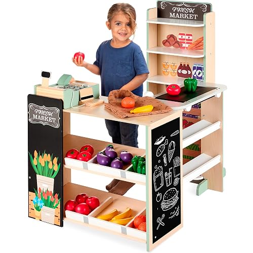 Best Choice Products Kids Wooden Grocery Store Supermarket Playset, Natural | Ages 3+, 40+ accessories with moving conveyor, cash register, scanner, chalkboard & play money for pretend shopping