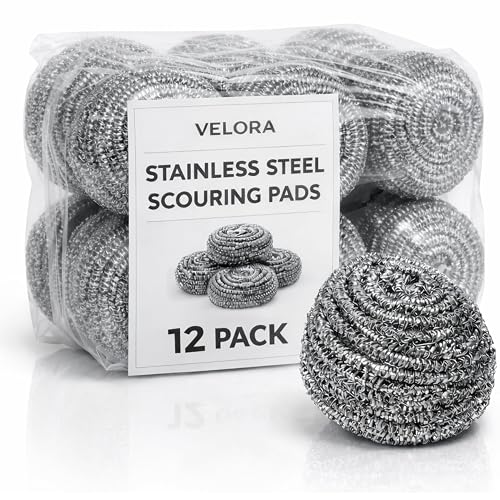 VELORA Stainless Steel Cleaner Scouring Pads [12 Pack] - Industrial & Commercial Strength Large Cleaning Supplies Dish Sponge - Individually Wrapped 30 Gram