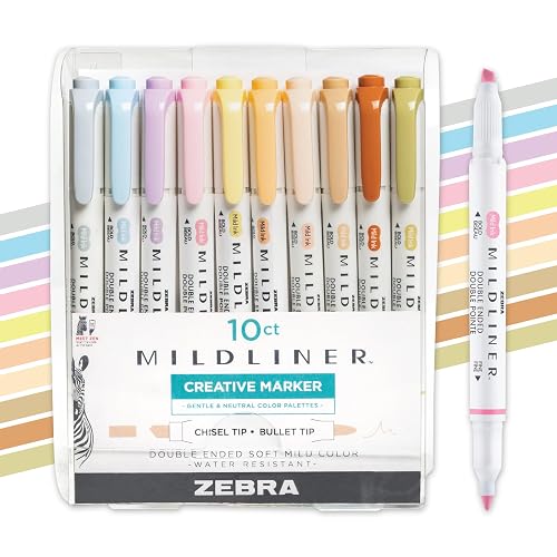 Zebra Pen MILDLINER Highlighter, Neutral and Gentle Colors, Dual Tip, 10-Pk | No Bleed, Broad and Fine Point Tip, Ideal for Bible Highlighting, Journaling, School, Teacher and Office Supplies (78701)