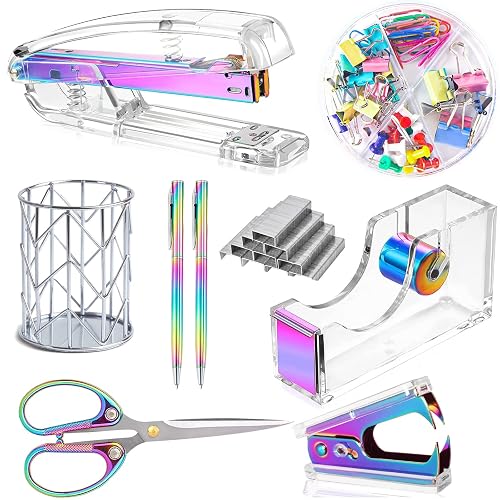 Famassi Dream Color Acrylic Stapler and Tape Dispenser Set, Office Supplies with Tape Dispenser, Stapler Remover, 2 Ballpoint Pen, Scissor, Binder Clips, Paper Clips and 1000pcs Staples
