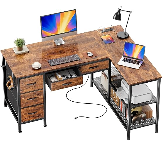 PRAISUN 47 Inch L Shaped Desk with Power Outlets, 5 Fabric Drawers | Reversible Computer Desk with Shelves, USB-C Port, Large Corner Office Desk for Gaming Writing Work Study, Rustic Brown