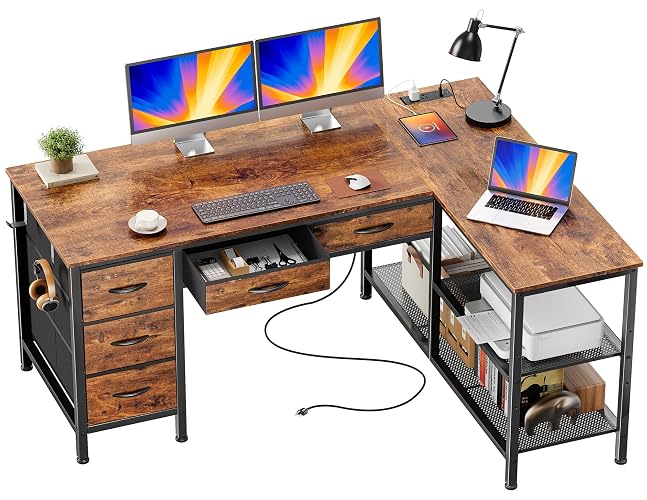 PRAISUN 47 Inch L Shaped Desk with Power Outlets, 5 Fabric Drawers | Reversible Computer Desk with Shelves, USB-C Port, Large Corner Office Desk for Gaming Writing Work Study, Rustic Brown