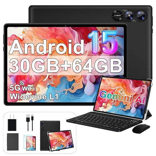 2026 Android 15 Tablet, 10 Inch Tablets with Gemini AI, 30GB+64GB+1TB Expand, 2-in-1 Octa-Core Electronics Tablets with Keyboard, Mouse, 5G WiFi, 6000mAh, GPS, Widevine L1, Split Screen -Black