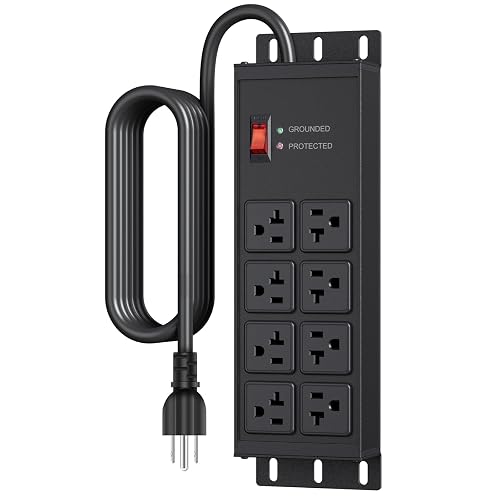 JUNNUJ Heavy Duty Surge Protector, 12 Gauge Extension Cord, Black, 6 FT | Metal Wall Mount 8 Outlets Power Strip, High Amp Outlet Extender for Garage Industrial Shop, 4800J
