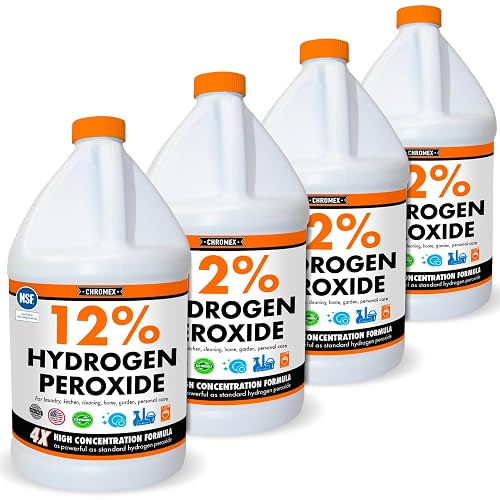 Chromex Hydrogen Peroxide 12 Percent Food Grade, 4x Power Concentrated Solution, 4 Gallons Dilute to 16 Gallons, Versatile Uses include Topical Care, Home, Kitchen, Bath Cleaner, NSF Certified