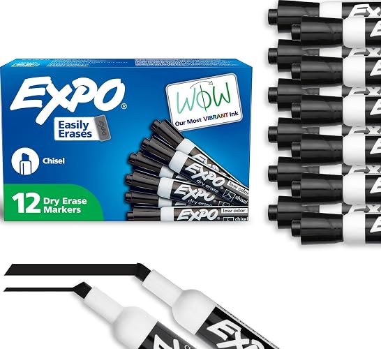 EXPO Dry Erase Markers, Low Odor Ink, Black, Chisel Tip, 12 Count - Whiteboard, Calendar, Organization, Essential Supplies for Office, School, Classroom, Teachers