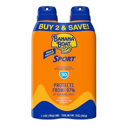 Banana Boat Sport SPF 30 Sunscreen Spray, 6 oz (2 Pack) | Sweat and water resistant sunblock spray, UVA/UVB broad spectrum protection, Lightweight formula, Outdoor use
