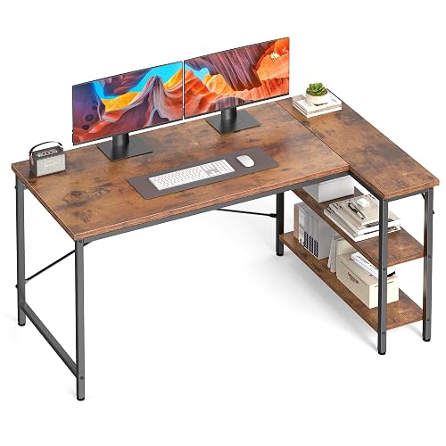 DUMOS 47" L Shaped Computer Desk, Corner Desks with Storage Shelves, Brown | Home Office Working Gaming Desk, Writing Study PC Desk with Reversible Layout, Bedroom Dorm