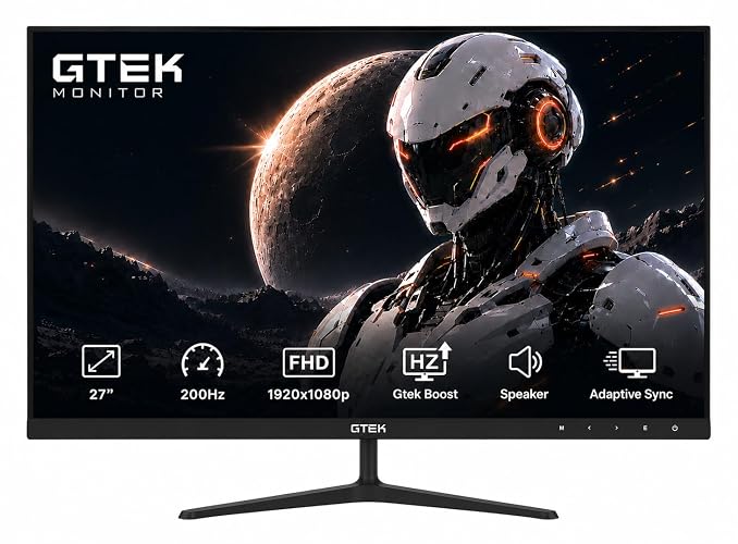GTek 27 Inch 200Hz Gaming Monitor, Frameless Computer Monitor Full HD 1920 x 1080P, VA 1ms MPRT, VA Panel, FreeSync & G-Sync Compatible, HDMI/VGA, Eye Care for PC & Console Gaming