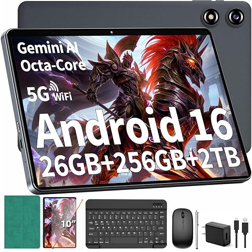 Android 16 Tablet with Keyboard - 26GB+256GB+2TB Expand, Gemini AI-Green | 10 inch Tablet, 8-Core, 5G WiFi, 8000mAh, GPS, GMS, Electronic Tablet with Case/Mouse/Stylus, Student & Adult, Streaming/Work