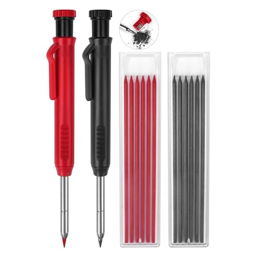 2 Pack Carpenter Pencils Mechanical Pencils with 12 Refills, (2 Colors) | Construction Pencils with Built-in Sharpener, Long Nib Deep Hole Pencil Marker, Heavy Duty Woodworking Pencil for Architect