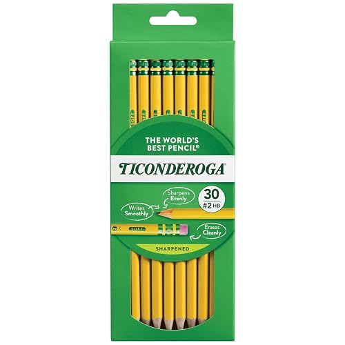 Ticonderoga Wood-Cased Pencils, Pre-Sharpened | #2 HB Soft, Yellow, 30 Count, Standard Size, High Quality Eraser