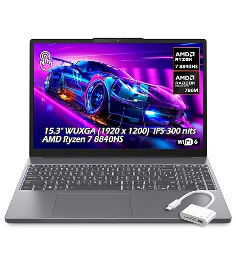 Lenovo IdeaPad Slim 3 Laptop 15.3" WUXGA (1920 x 1200) Touchscreen, Ryzen 7 8840HS, 8-core, AMD Radeon 780M, 16GB DDR4, 1TB SSD, Wi-Fi6, Bluetooth 5.3, Win 11, Luna Grey, w/USB Hub, W/GaLiMu