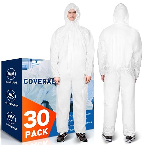CAREGY Hazmat Suits 30 Pack Disposable Protective Coveralls, | Heavy Duty Full Body Painters Suit for Men & Women with Elastic Wrists, Ankles and Hood, Available in 6 sizes-3X-Large