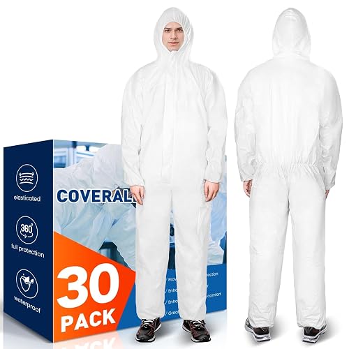 CAREGY 30 Pack Hazmat Suits Disposable Protective Coveralls, | Heavy Duty Full Body Painters Suit for Men & Women with Elastic Wrists, Ankles and Hood, Available in 6 sizes-Medium