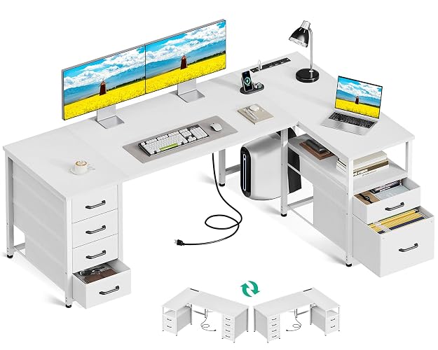 Coleshome 63 Inch L Shaped Office Desk with 6 Drawers, Power Outlet, White | 5 Fabric Drawers, File Drawer, USB and Type-C Ports, Open Storage Shelf, Reversible Layout for Home Office