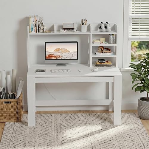 WINAZ 43" White Student Desk with Hutch and Built-in Power Outlet | Computer Writing Desk with Storage Shelves for Small Space, Modern Home Office Workstation for Bedroom Dorm