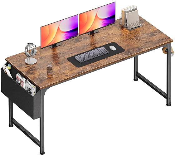 PRAISUN 55'' Computer Desk with Fabric Storage Bag | Office Desk with Durable Desktop, Large Gaming Desk, Writing Work Study Desk for Bedroom, Home Office, Rustic Brown
