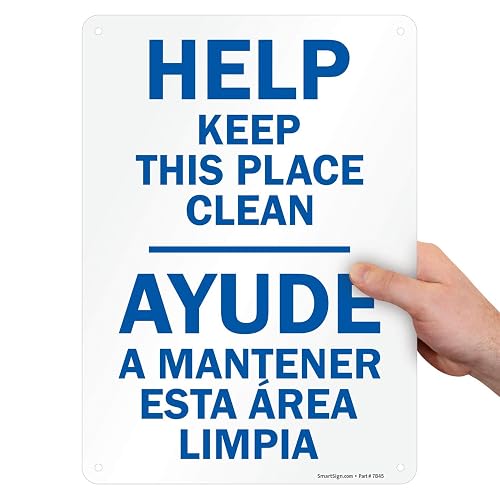SmartSign - U9-1807-NP_10x14 "Help Keep This Place Clean" Bilingual Sign | 10" x 14" Plastic Blue on White