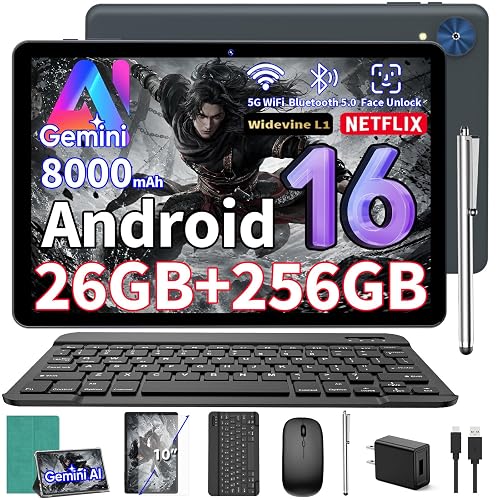 Android 16 Tablet 10 inch - Tablet with Keyboard, 26GB+256GB+2TB, Gemini AI | 10 inch Tablet with 8-Core, 8000mAh, 5G WiFi, Widevine L1, GPS, GMS, 2026 Electronics Tablets with Case/Mouse/Stylus (Green)