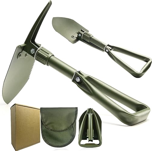Folding Survival Shovel with Pick, Portable Carbon Steel Tactical Style Entrenching Tool for Snow, Off Road, Camping, Gardening, Beach, Digging (Green)