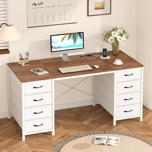 50 Inch Computer Desk with 8 Drawers for Home Office, Bedroom, Living Room | Home Office Desk with Power Outlets, Work Study Gaming Desk with 8 Fabric Drawers, Brown & White