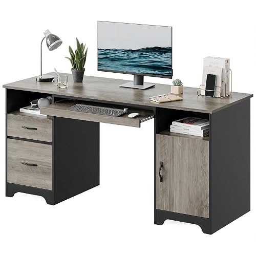 Bestier 59" Executive Desk, File Drawer, Keyboard Tray & 2 Drawers, Gray | File Drawer For Letter/A4/Legal Folders, 2 Storage Drawers, Keyboard Tray, Cable Management, 200 LBS Capacity, Wood Finish