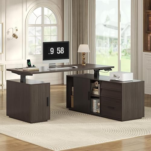L Shaped Electric Standing Desk with 3 Drawers and Power Outlet, 55.1" x 47.2" Height Adjustable Home Office Executive Desk with File Cabinet and Storage Shelves, Modern Large Business Computer Table