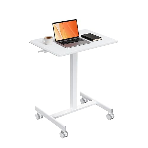 Mobile Standing Desk with Wheels, Small Rolling Desk Adjustable Height | Sit-Stand Laptop PC Table, Portable Compact Computer Workstation for Home Office Classroom or Small Spaces, White