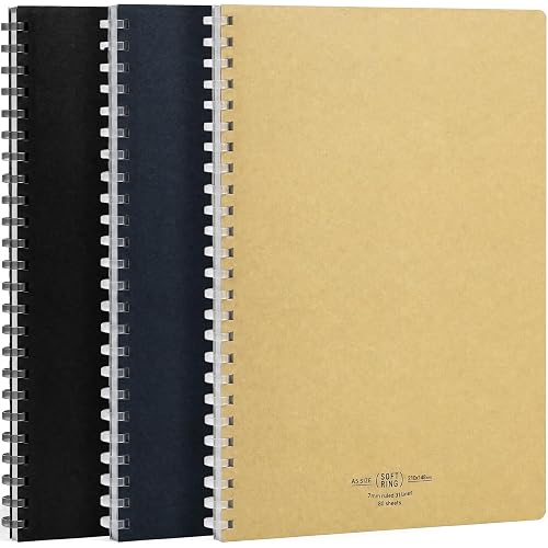 KOKUYO D Shaped Soft Ring Notebook, 7mm Rule, 25 Lines, 80 Sheets, A5, Natural Style, Set of Black, Beige, Navy (SU-SV638A)