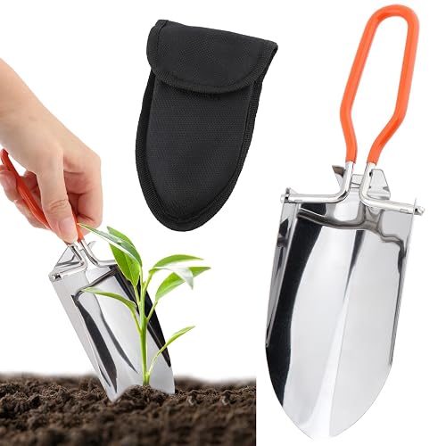 Folding Camping Shovel, Mini Lightweight Garden Shovel, Stainless Steel Hiking Trowel Entrenching Tool, Digging Shovel with Carrying Pouch, for Planting, Transplanting, Weeding, Digging Soil(8.8inch)