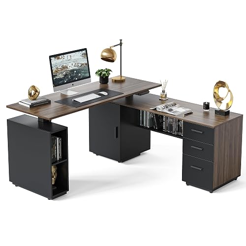 FEZIBO 63" L Shaped Standing Desk with Storage, Executive Height Adjustable Table, Deep Wood Grainy