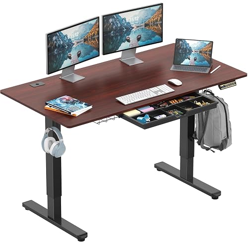 SHW 55 x 28 Electric Height Adjustable Standing Desk w/Drawer, Cherry | w/ Memory Presets and Cable Management | Drawer with adjustable compartments | Hanging Hooks