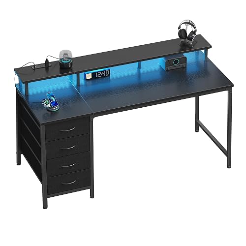 DUMOS 40-Inch Gaming Computer Desk with Drawers for Home Office, Black | Small Desk with Monitor Stand for Bedroom Study and Writing, PC Desk with Power Outlets and LED Lights