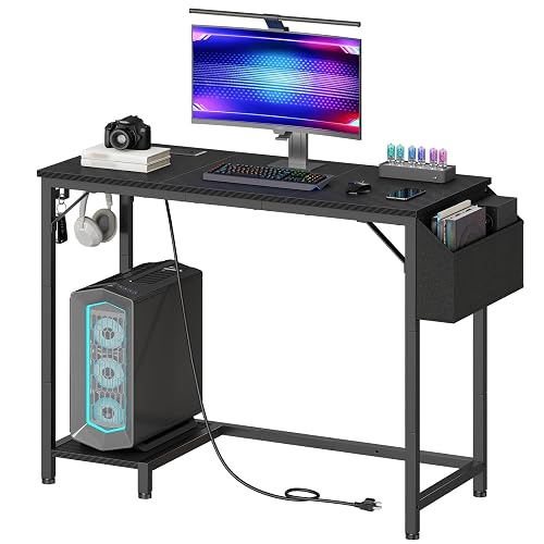 HOOBRO Small Gaming Desk, Computer Desk with Charging Station, Black | 2AC+1USB-A+1Type-C, interchangeable side pouch, hooks, CPU stand, thickened metal frame, for study, gaming room, bedroom