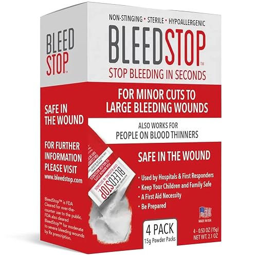 BleedStop™ First Aid Powder for Blood Clotting, Trauma Kit, Blood Thinner Patients, Camping Safety, and Survival Equipment for Moderate to Severe Bleeding Wounds or Nosebleeds - 4 (15g) Pouches