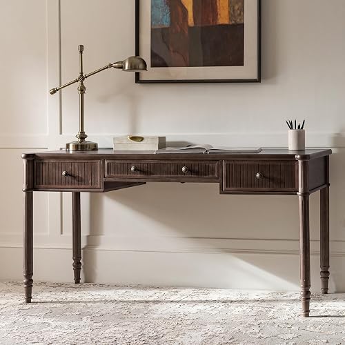 HULALA HOME 60 Inches Fluted Writing Desk with Charging Station, Walnut | Integrated Cable Management, Transitional Design, Solid Wood Spindle Legs, Natural Wood Grain, 3 Drawers