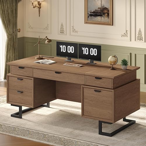 ANGRYWIN 63" W x 27.6" D Executive Desk with 2 Cabinets & Power Outlet | Modern Wood Home Office Desks with 6 Drawers, Executive Desk with File Drawer, Keyboard Tray & Privacy Panel for Living Room