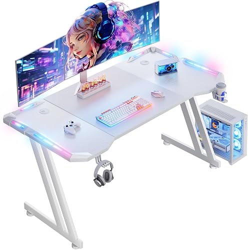 HLDIRECT 47 Inch Gaming Desk with App-Controlled RGB LED Lights, White | Z-shaped frame design, cup holder, headphone hook, cable management & mouse pad, for dual-monitor gaming and work setup