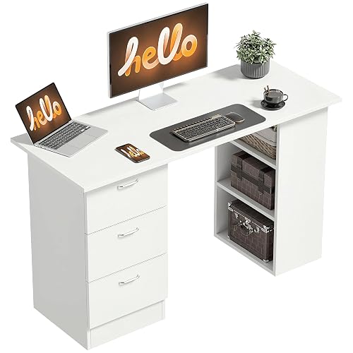HOMCOM Computer Desk with Drawers, 47" Home Office Desk with Storage, White | 3-Tier Shelves, 3 Reversible Drawers, Study Table, for Bedroom