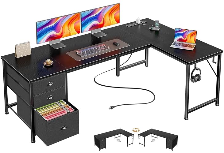 Furologee 63" L Shaped Desk with Power Outlets & USB-C Port, Reversible Corner Computer Desk with 3 Fabric Drawers, Hooks, Home Office Desk for Gaming, Writing, Work, Black