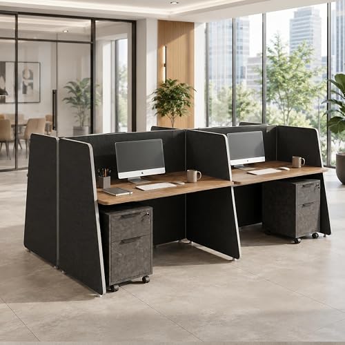 SAINTCY 4-Person Office Cubicle Desk, Modular Desk Workstation with Privacy Walls & Integrated Power | Includes Mobile Drawer Cabinets | Space-Saving Layout for Startups (Black, 2 Desk for 4 Person)