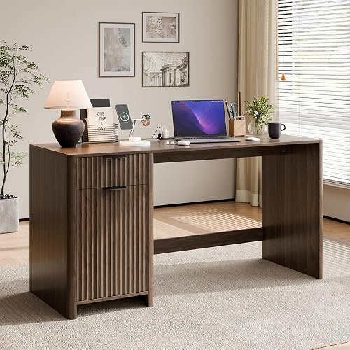 Herihome 59" Fluted Home Office Desks with Storage, Power Outlet, Walnut | Modern Executive Computer Desk with Drawer Cabinet, Reversible Design, Wood Work Desk for Office, Bedroom, Study, Living Room