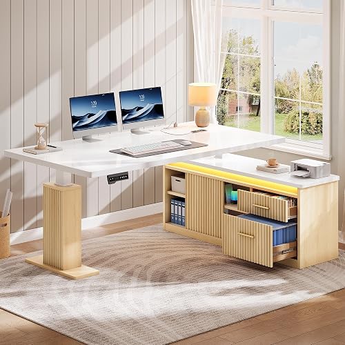 YITAHOME L Shaped Standing Desk with Power Outlets & LED Lights, | 63" Electric Standing Desk Adjustable Height Sit Stand Corner Standing Desks with Drawers & Sliding Door, High-Gloss White+Na