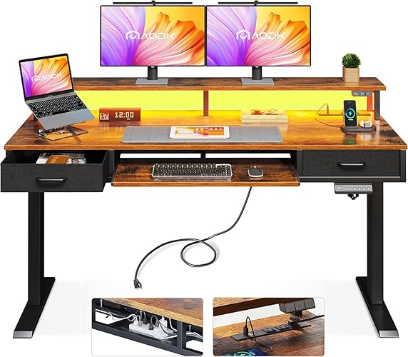 AODK 55 Inch Standing Desk with Drawers & Keyboard Tray, Rustic Brown | Power Outlet, LED Lights, Monitor Stand, Cable Management Tray, 3 Memory Heights