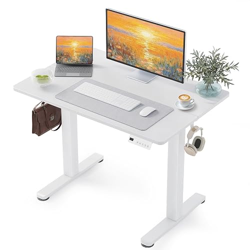 YDN 40 x 24 Inch White Electric Standing Desk | Adjustable Height, Sit Stand, Cable Management, Ergonomic, Home Office