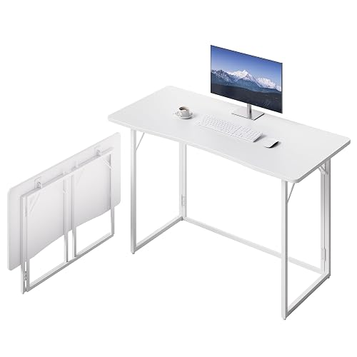 JOYMOOP 47.2" White Folding Desk, No Assembly, Wooden Top, Large Size | Versatile Foldable Desk for Work, Study, Craft | Slim-Folding Storage | 150 lbs, Safe Corners | Metal Legs Foldable Table