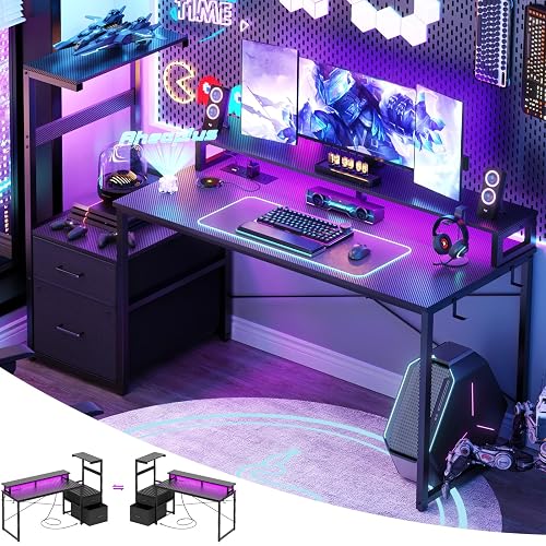 Aheaplus 59" Gaming Desk with RGB LED & Power Outlet &PC Case/Printer Stand | Reversible Computer Desk with Monitor Stand & Shelves & Fabric File Drawer, Home Office Desks, Gamer Table PC Desk, Black