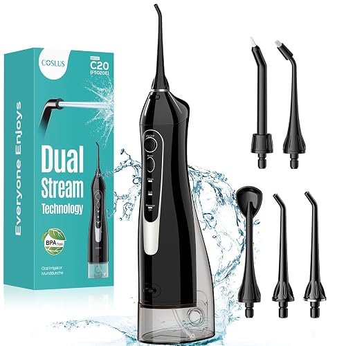 COSLUS ADA Accepted C20 Water Dental Flosser Teeth Pick, 300ML Larger Tank | Portable Rechargeable Oral Irrigator for Orthodontic & Sensitive Gums, Cordless for Travel, Family, Professional Set, Black